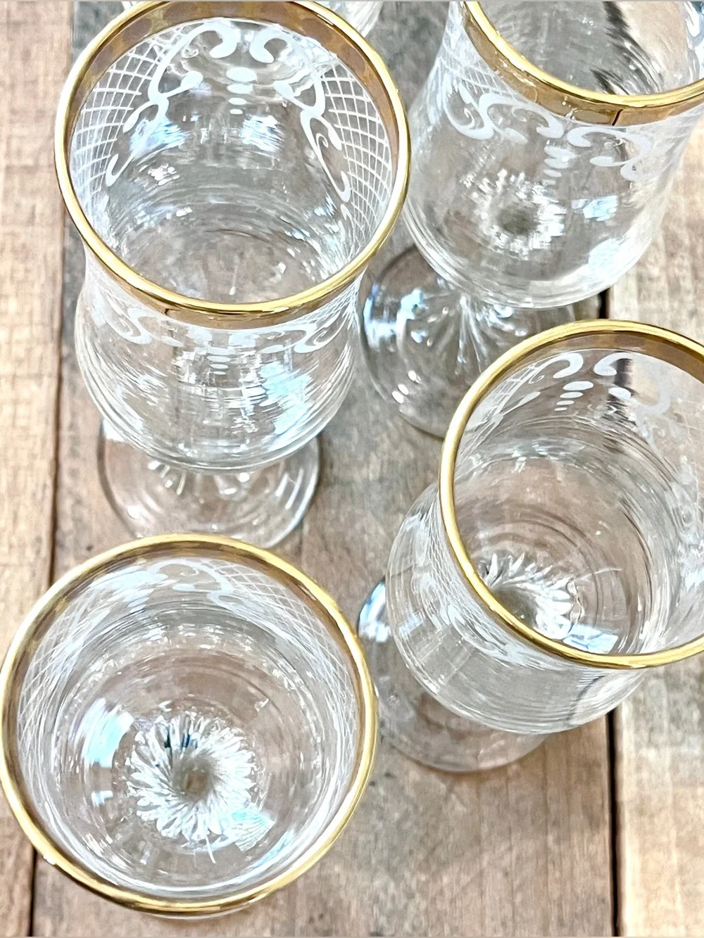 Vintage Handblown Gold Rim Champagne Flutes Twisted Stem Lattice Scroll Set of 5
